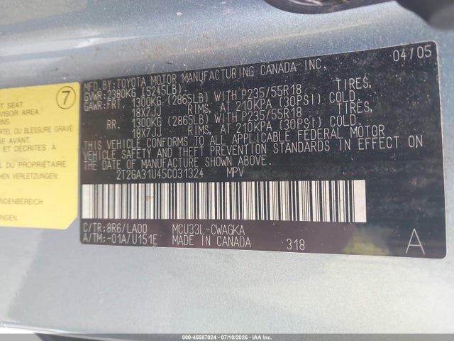 Aukcja sprzedaży 2005 Lexus Rx 330, vin: 2T2GA31U45C031324, numer aukcji: 45587024