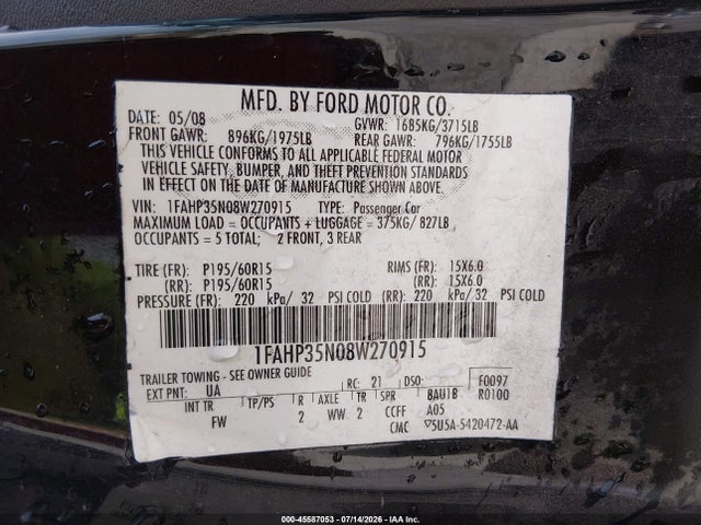 45587053 :رقم المزاد ، 1FAHP35N08W270915 vin ، 2008 Ford Focus Se/ses مزاد بيع