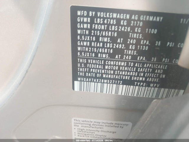 Aukcja sprzedaży 2011 Volkswagen Tiguan S, vin: WVGAV7AX2BW527172, numer aukcji: 45587062