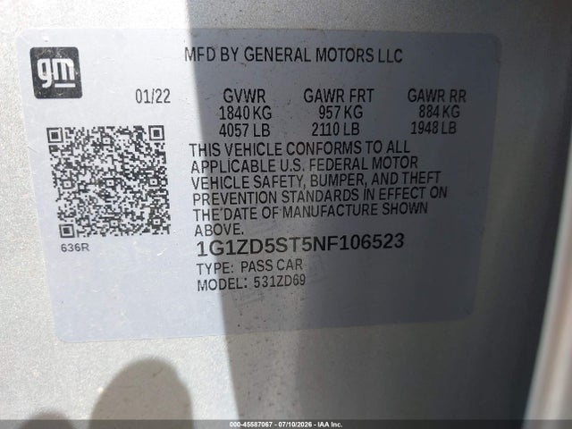 Продаж на аукціоні авто 2022 Chevrolet Malibu Fwd Lt, vin: 1G1ZD5ST5NF106523, номер лоту: 45587067
