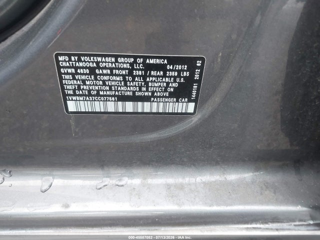 2012 Volkswagen Passat 3.6l V6 Se მანქანა იყიდება აუქციონზე, vin: 1VWBM7A37CC077561, აუქციონის ნომერი: 45587082