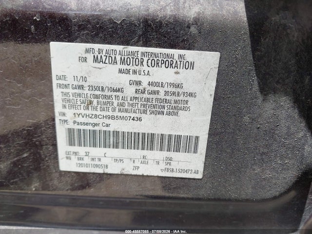 2011 Mazda Mazda6 I Touring Plus მანქანა იყიდება აუქციონზე, vin: 1YVHZ8CH9B5M07436, აუქციონის ნომერი: 45587085