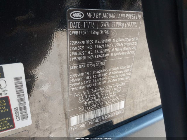 45587087 :رقم المزاد ، SALGS5FE4HA323555 vin ، 2017 Land Rover Range Rover 5.0l V8 Supercharged مزاد بيع