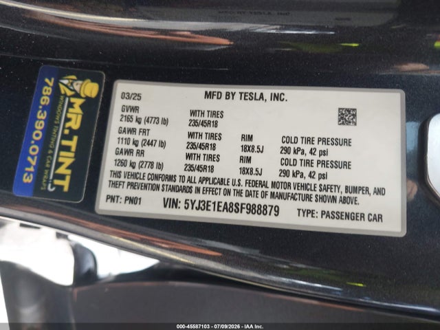 Продажа на аукционе авто 2025 Tesla Model 3 Long Range Rear-wheel Drive/standard Rear-wheel Drive, vin: 5YJ3E1EA8SF988879, номер лота: 45587103