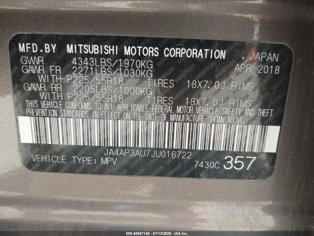 45587148 :رقم المزاد ، JA4AP3AU7JU016722 vin ، 2018 Mitsubishi Outlander Sport 2.0 Es مزاد بيع