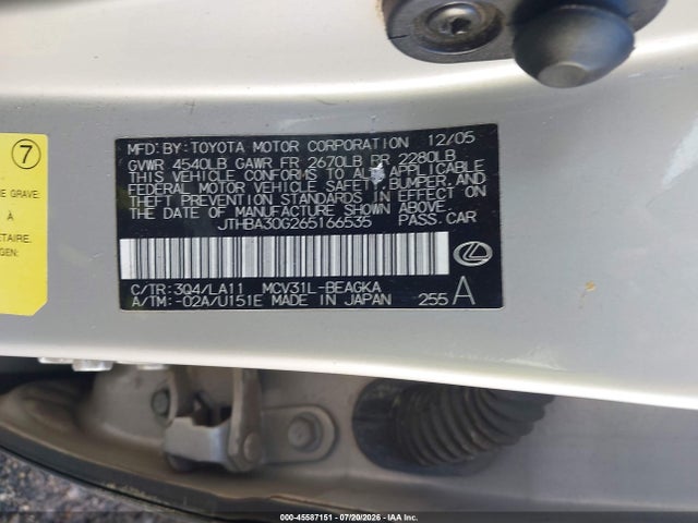 2006 Lexus Es 330 მანქანა იყიდება აუქციონზე, vin: JTHBA30G265166535, აუქციონის ნომერი: 45587151