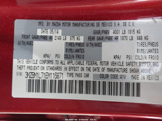 Aukcja sprzedaży 2014 Mazda Mazda3 I Touring, vin: 3MZBM1L71EM116871, numer aukcji: 45587160