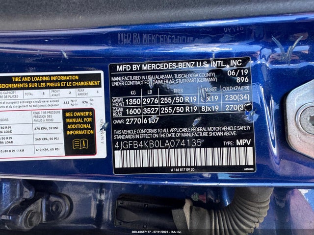 45587177 :رقم المزاد ، 4JGFB4KB0LA074135 vin ، 2020 Mercedes-benz Gle 350 4matic مزاد بيع