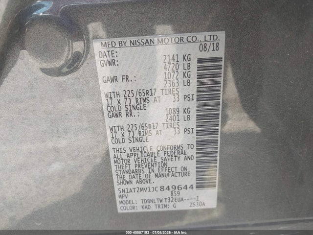 Aukcja sprzedaży 2018 Nissan Rogue Sv, vin: 5N1AT2MV1JC849644, numer aukcji: 45587193