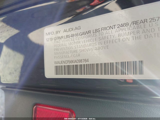 2019 Audi A5 45 Premium მანქანა იყიდება აუქციონზე, vin: WAUENCF56KA098764, აუქციონის ნომერი: 45587207
