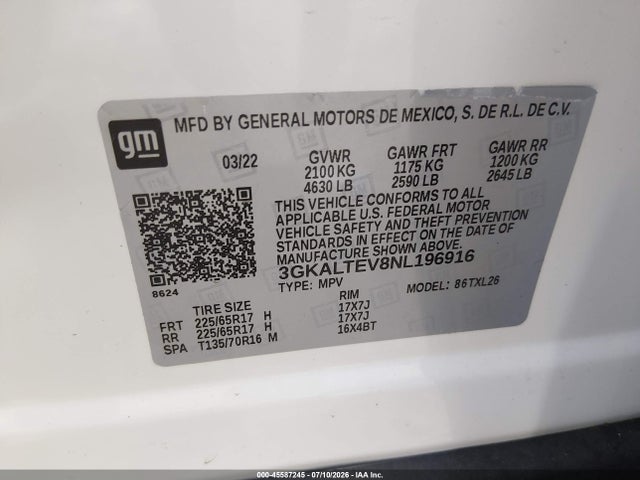 Aukcja sprzedaży 2022 Gmc Terrain Awd Sle, vin: 3GKALTEV8NL196916, numer aukcji: 45587245