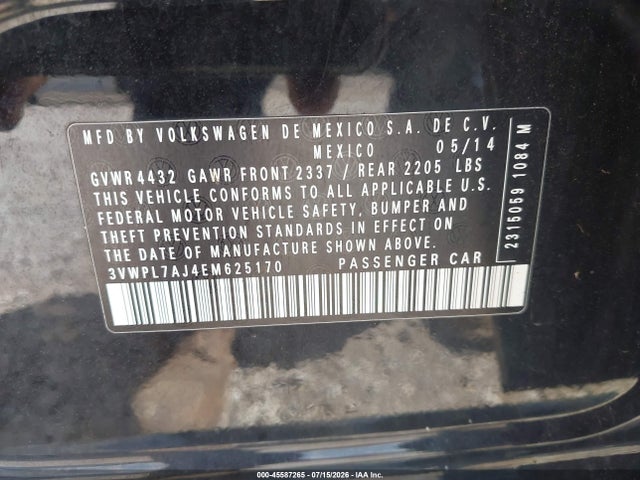 2014 Volkswagen Jetta Sportwagen 2.0l Tdi მანქანა იყიდება აუქციონზე, vin: 3VWPL7AJ4EM625170, აუქციონის ნომერი: 45587265