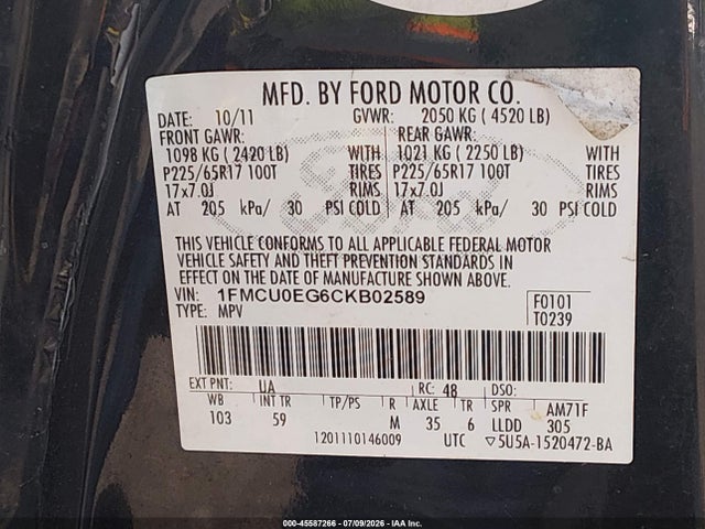 45587266 :رقم المزاد ، 1FMCU0EG6CKB02589 vin ، 2012 Ford Escape Limited مزاد بيع