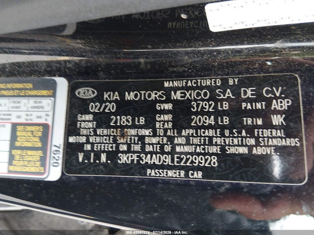 45587274 :رقم المزاد ، 3KPF34AD9LE229928 vin ، 2020 Kia Forte Gt-line مزاد بيع