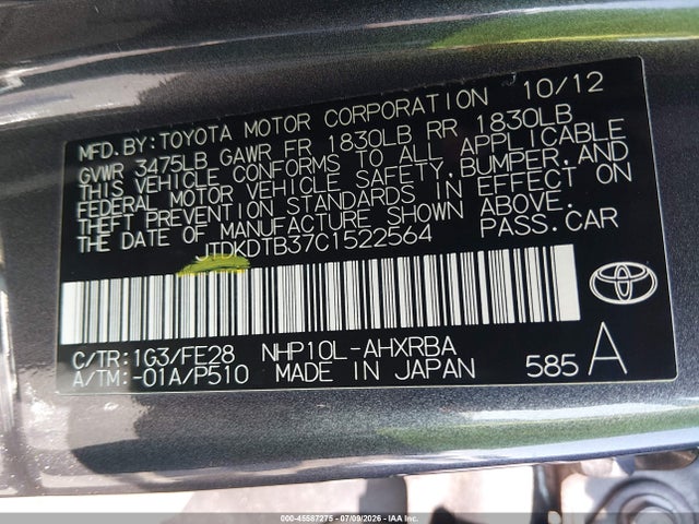 Aukcja sprzedaży 2012 Toyota Prius C Four/one/three/two, vin: JTDKDTB37C1522564, numer aukcji: 45587275