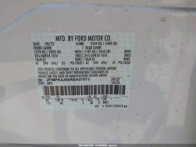 45587298 :رقم المزاد ، 2FMPK4J9XRBA07073 vin ، 2024 Ford Edge Sel مزاد بيع