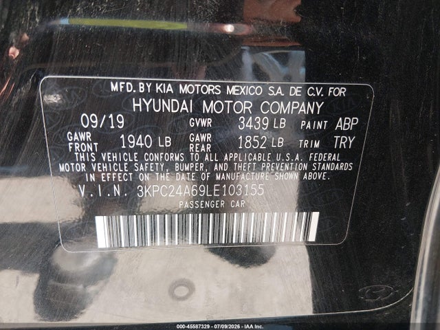 2020 Hyundai Accent Se მანქანა იყიდება აუქციონზე, vin: 3KPC24A69LE103155, აუქციონის ნომერი: 45587329