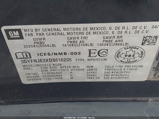 45587342 :رقم المزاد ، 3GYFNJE3XDS616205 vin ، 2013 Cadillac Srx Premium Collection مزاد بيع