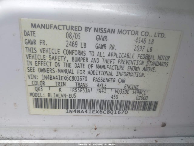 45587351 :رقم المزاد ، 1N4BA41EX6C801670 vin ، 2006 Nissan Maxima 3.5 Se مزاد بيع