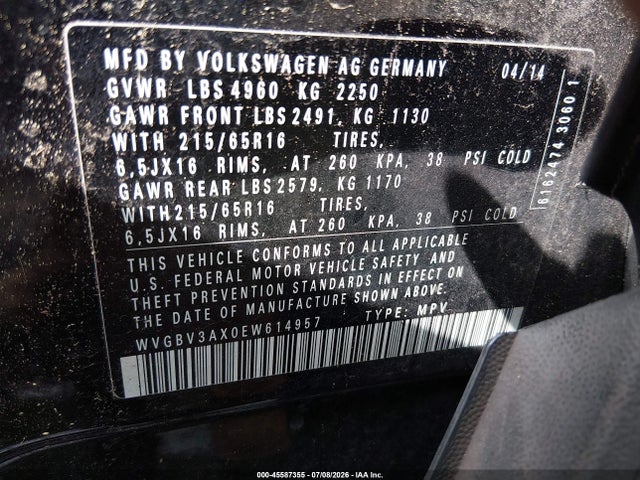Продажа на аукционе авто 2014 Volkswagen Tiguan S, vin: WVGBV3AX0EW614957, номер лота: 45587355