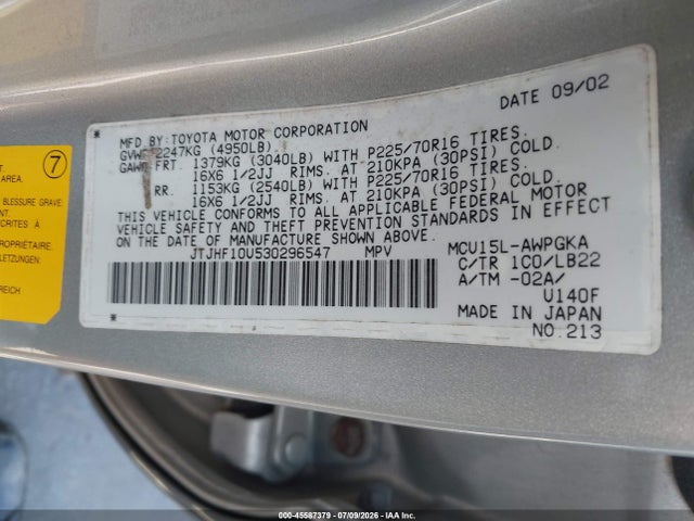 45587379 :رقم المزاد ، JTJHF10U530296547 vin ، 2003 Lexus Rx 300 مزاد بيع