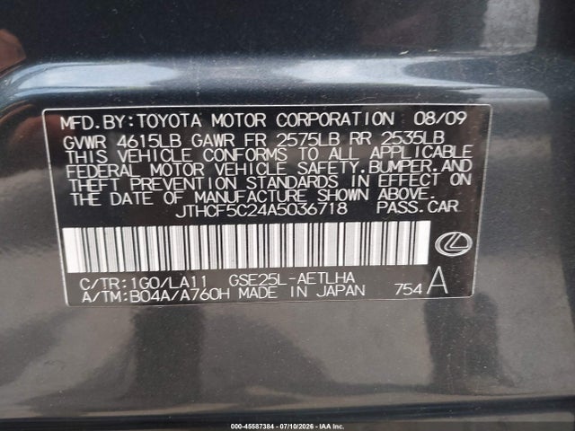 Aukcja sprzedaży 2010 Lexus Is 250, vin: JTHCF5C24A5036718, numer aukcji: 45587384