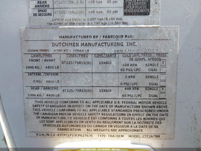 Продажа на аукционе авто 2012 Dutchman Coleman, vin: 47CFCLP23CP627635, номер лота: 45587390