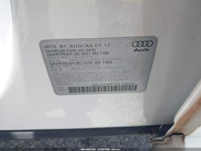 45587392 :رقم المزاد ، WA1CFAFP1CA138628 vin ، 2012 Audi Q5 2.0t Premium مزاد بيع