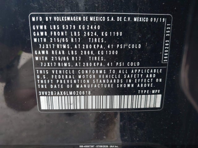 2020 Volkswagen Tiguan 2.0t Se/2.0t Se R-line Black/2.0t Sel მანქანა იყიდება აუქციონზე, vin: 3VV2B7AX6LM020618, აუქციონის ნომერი: 45587397