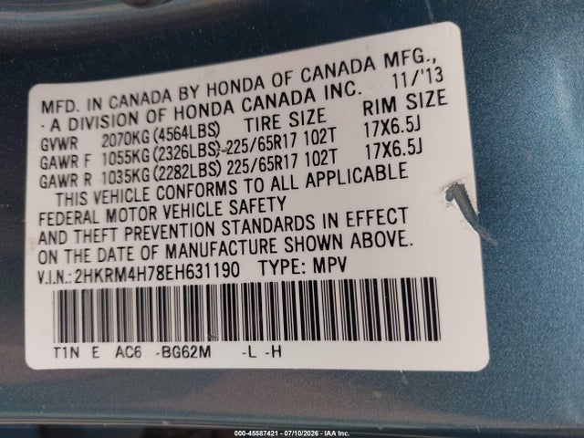 2HKRM4H78EH631190 Honda Cr-v Ex-l