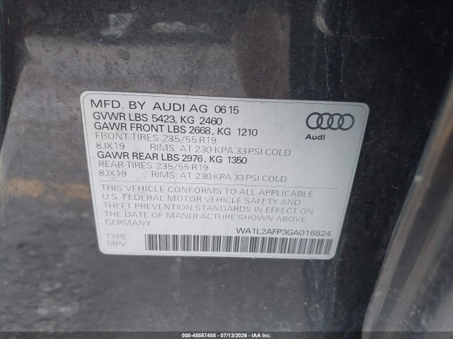 45587458 :رقم المزاد ، WA1L2AFP3GA016824 vin ، 2016 Audi Q5 2.0t Premium مزاد بيع