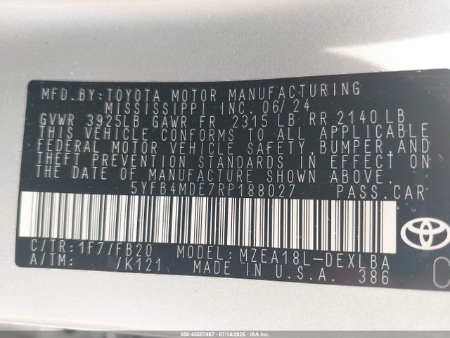 45587467 :رقم المزاد ، 5YFB4MDE7RP188027 vin ، 2024 Toyota Corolla Le مزاد بيع
