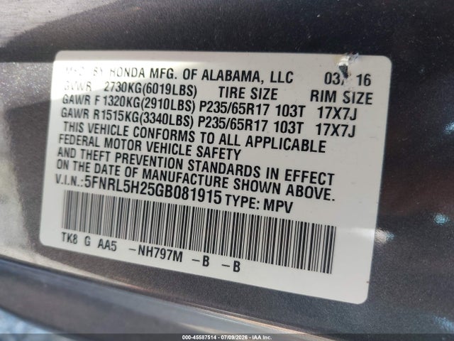 Продажа на аукционе авто 2016 Honda Odyssey Lx, vin: 5FNRL5H25GB081915, номер лота: 45587514