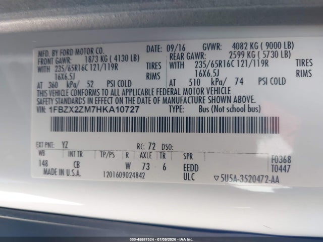 1FBZX2ZM7HKA10727 Ford Transit-350 Xl/xlt