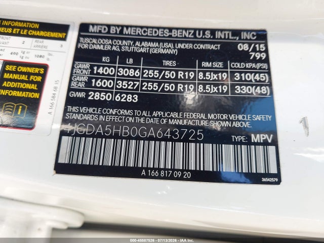 Продажа на аукционе авто 2016 Mercedes-benz Gle 350 4matic, vin: 4JGDA5HB0GA643725, номер лота: 45587526