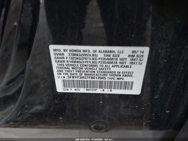 45587534 :رقم المزاد ، 5FNYF3H57FB012045 vin ، 2015 Honda Pilot Ex-l مزاد بيع