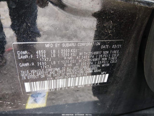 2021 Subaru Outback Premium მანქანა იყიდება აუქციონზე, vin: 4S4BTADC8M3195114, აუქციონის ნომერი: 45587536