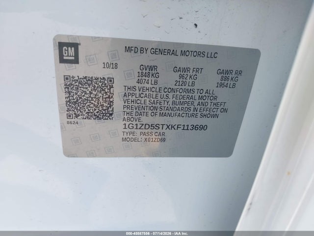 45587556 :رقم المزاد ، 1G1ZD5STXKF113690 vin ، 2019 Chevrolet Malibu Lt مزاد بيع