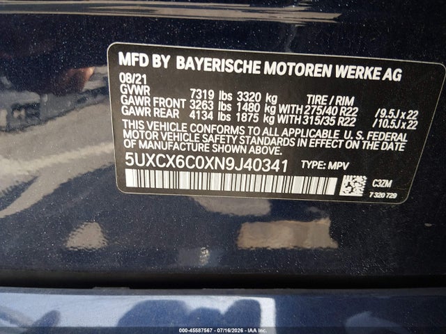 45587567 :رقم المزاد ، 5UXCX6C0XN9J40341 vin ، 2022 Bmw X7 M50i مزاد بيع