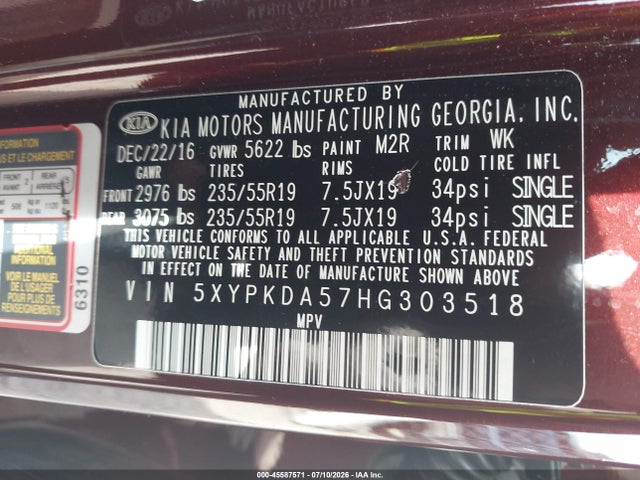 Aukcja sprzedaży 2017 Kia Sorento 3.3l Sx, vin: 5XYPKDA57HG303518, numer aukcji: 45587571