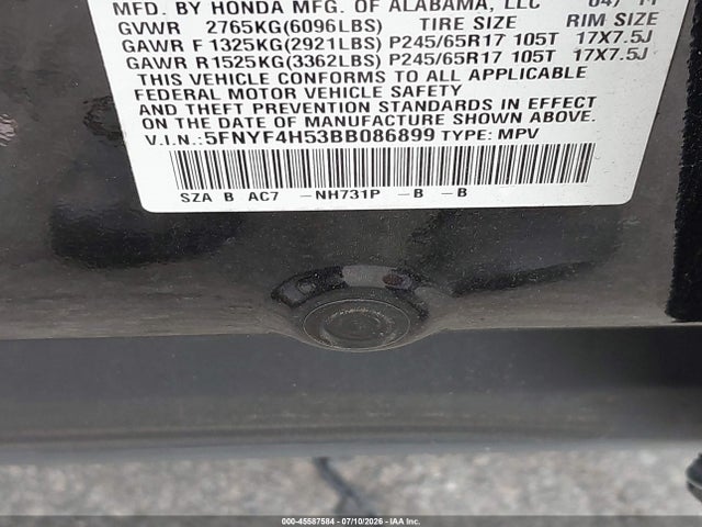 Aukcja sprzedaży 2011 Honda Pilot Ex-l, vin: 5FNYF4H53BB086899, numer aukcji: 45587584