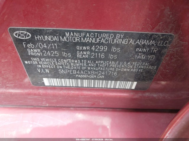 45587597 :رقم المزاد ، 5NPEB4ACXBH241716 vin ، 2011 Hyundai Sonata Gls مزاد بيع