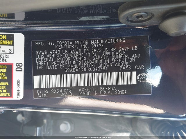 Aukcja sprzedaży 2024 Lexus Es 300h Luxury, vin: 58AEA1C10RU040781, numer aukcji: 45587602