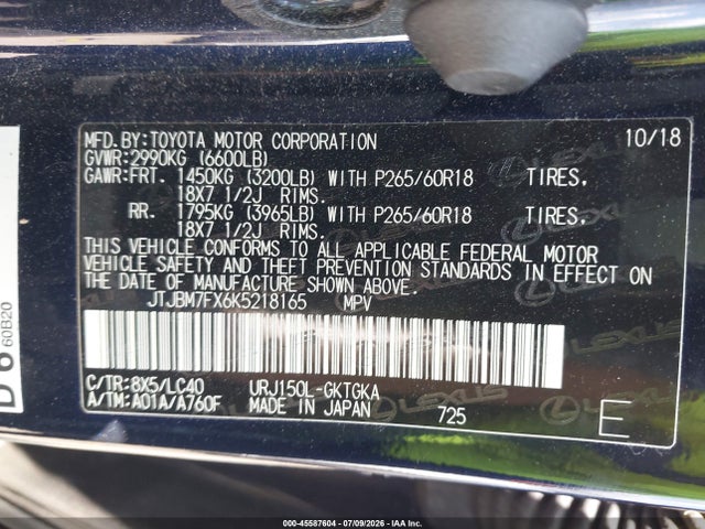 Продаж на аукціоні авто 2019 Lexus Gx 460, vin: JTJBM7FX6K5218165, номер лоту: 45587604