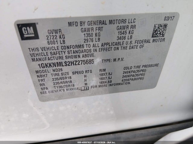GMC Acadia Slt-1 2017 1GKKNMLS2HZ275685 Image 9