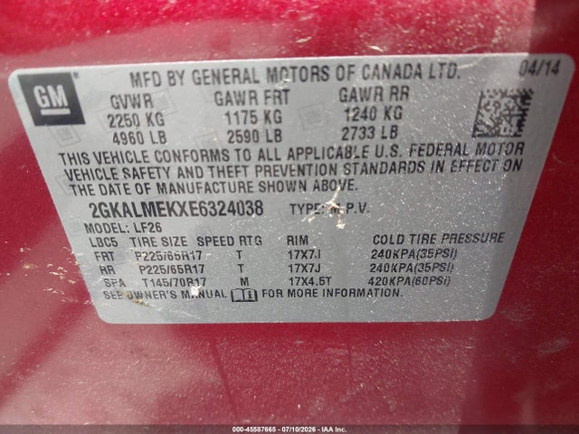 45587665 :رقم المزاد ، 2GKALMEKXE6324038 vin ، 2014 Gmc Terrain Sle-1 مزاد بيع