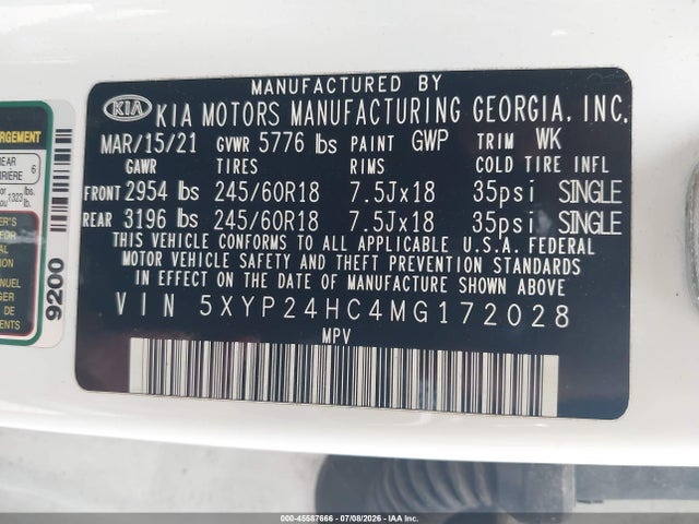 Aukcja sprzedaży 2021 Kia Telluride Lx, vin: 5XYP24HC4MG172028, numer aukcji: 45587666