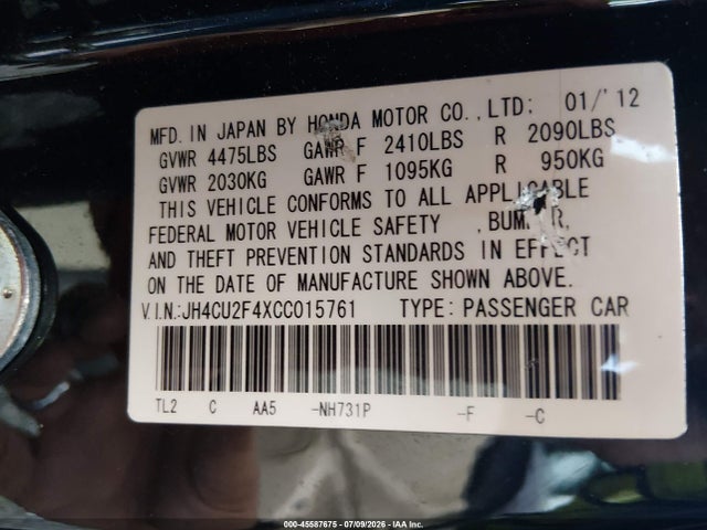 Aukcja sprzedaży 2012 Acura Tsx 2.4, vin: JH4CU2F4XCC015761, numer aukcji: 45587675