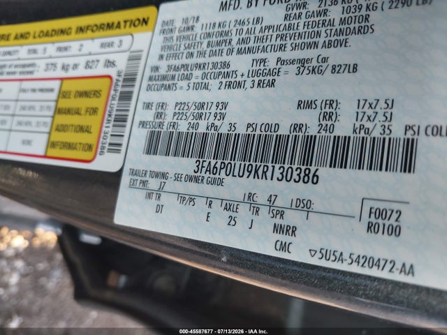 Aukcja sprzedaży 2019 Ford Fusion Hybrid Se, vin: 3FA6P0LU9KR130386, numer aukcji: 45587677