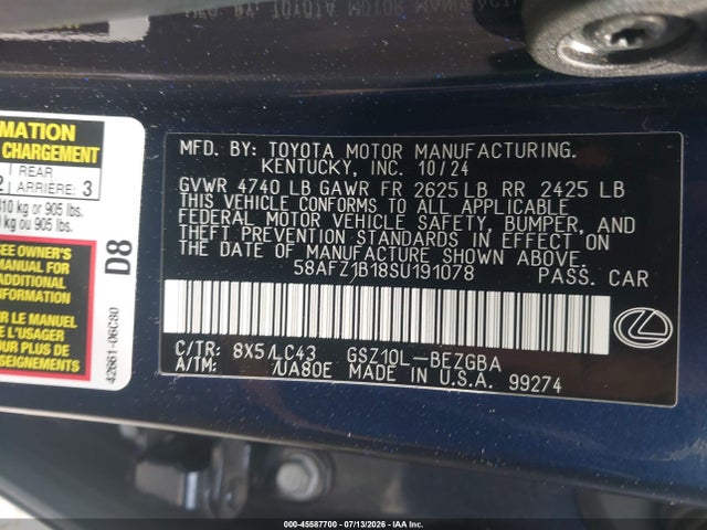 45587700 :رقم المزاد ، 58AFZ1B18SU191078 vin ، 2025 Lexus Es 350 Ultra Luxury مزاد بيع